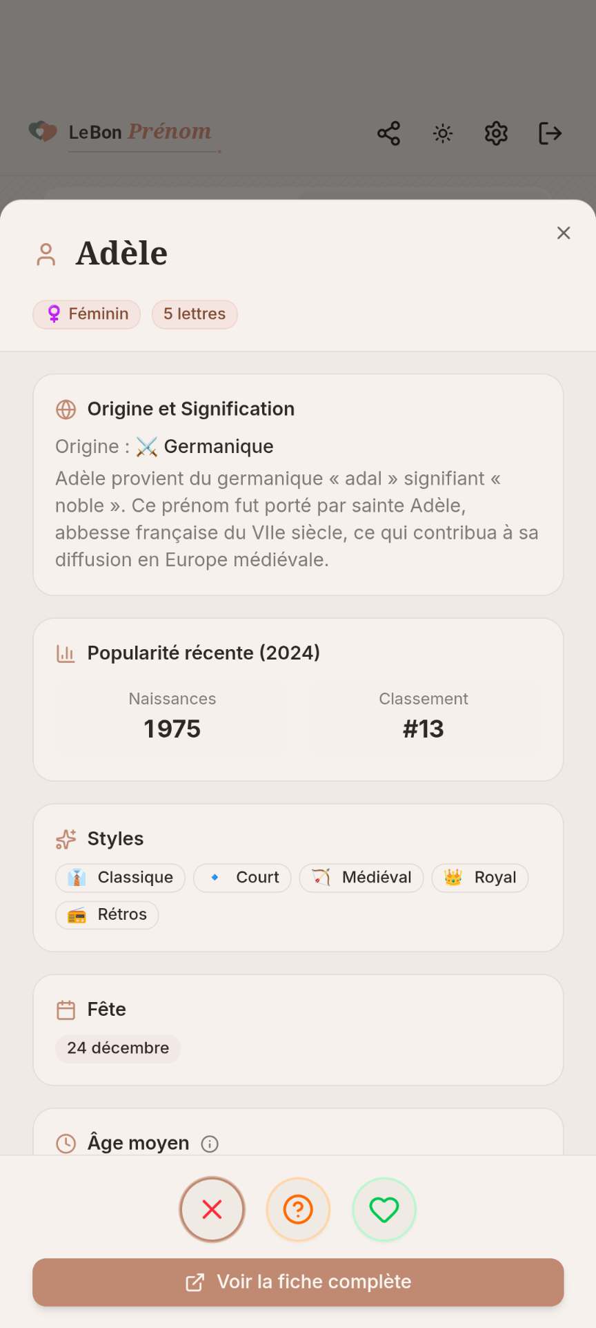 Fiche détaillée d'un prénom sur LeBonPrénom