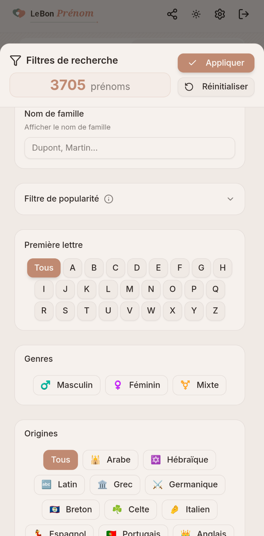 Filtres de recherche de prénoms