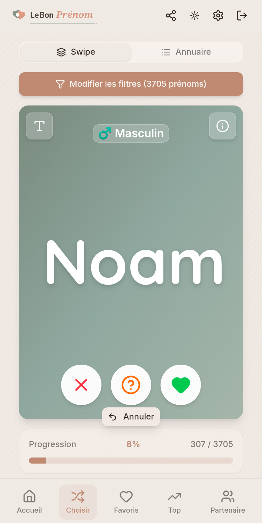 Écran de swipe des prénoms